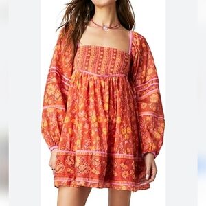Free People Orange Floral Mini Dress with Pink Trim